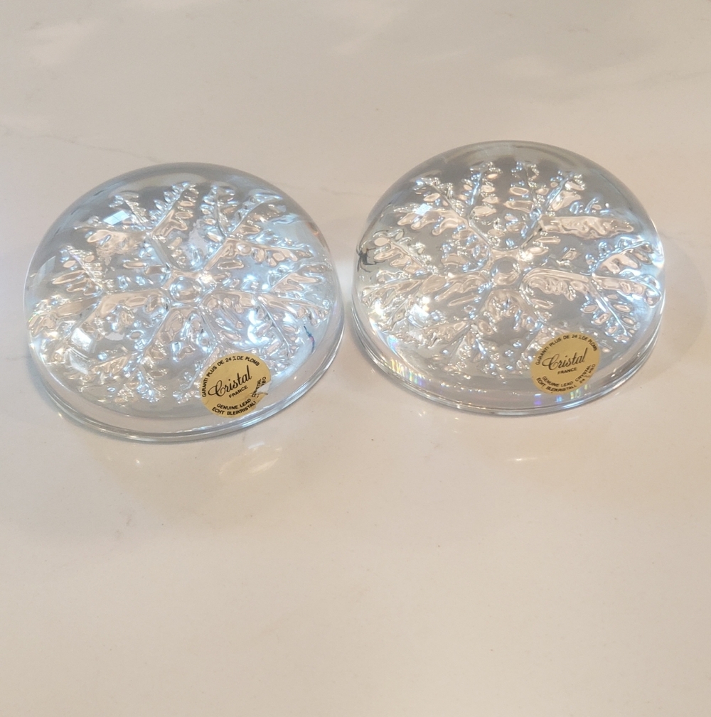 Christmas Glass Snowflake Paper Weights Decor Two Bundle By Cristal France
